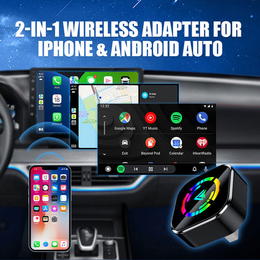 Adapter bezprzewodowy 2 w 1 do iPhone'a i Android Auto — kompatybilny z systemami łączności samochodowej