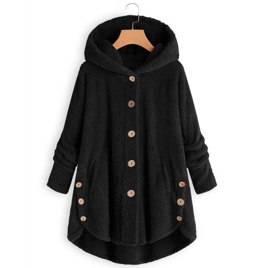 🔥 50% RABATT! Damvinterkjacka i enfärgad asymmetrisk design med knappar och mjuk, plyschig fleece