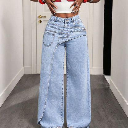 Damhoodiga trendsatta jeans med asymmetrisk överlappning och vid ben