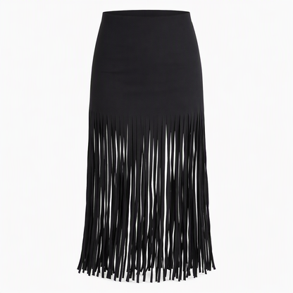 Damkjol med elastisk midja och fransar, fashionabel och mångsidig kjol för vår och höst