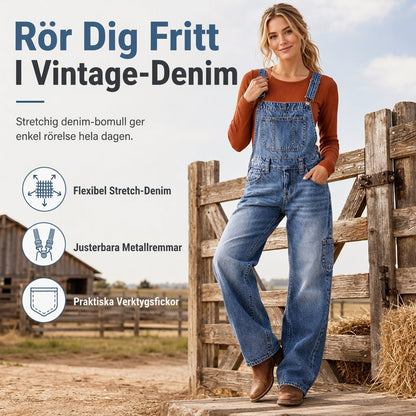 👖 Vintage denim-overall för dam med hängslen och raka ben – stretchig, bekväm och tidlös, perfekt för vardag och höst! ✨