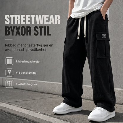 🤎✨Corduroy-cargobyxor för herrar med avslappnad passform, lediga, vidbyxor i corduroy👖