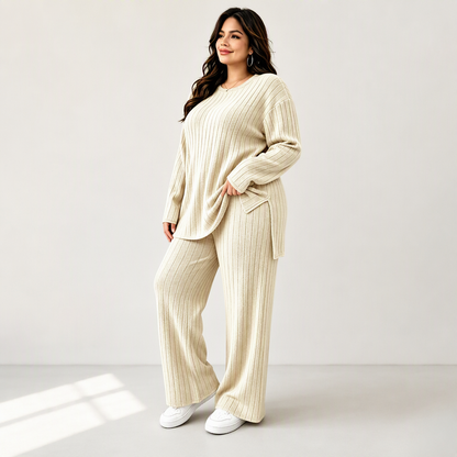 👚 Set för kvinnor med ribbstickad topp med sidspricka och byxor – mjukt, bekvämt och mångsidigt, perfekt för vardag och höst! ✨