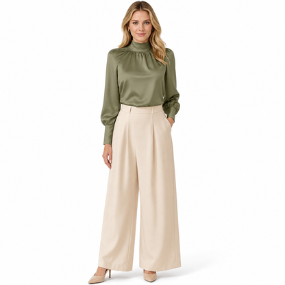 elegant fransk stil satinblus med stående krage och långa lanternärmar för höst- och vinterlag