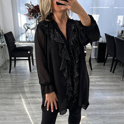 ☁️Damtopp med V-hals och sequin-sydd chiffong